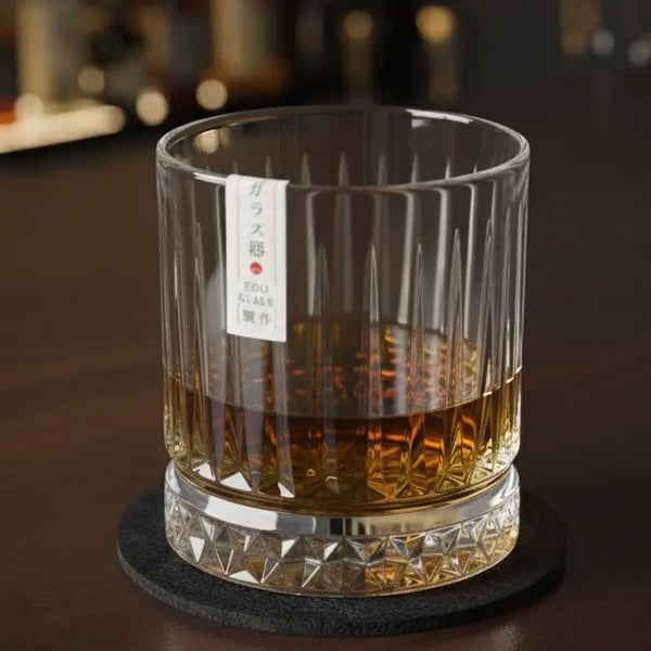 Weighted Ozoku whisky glass half filled with whisky served neat.