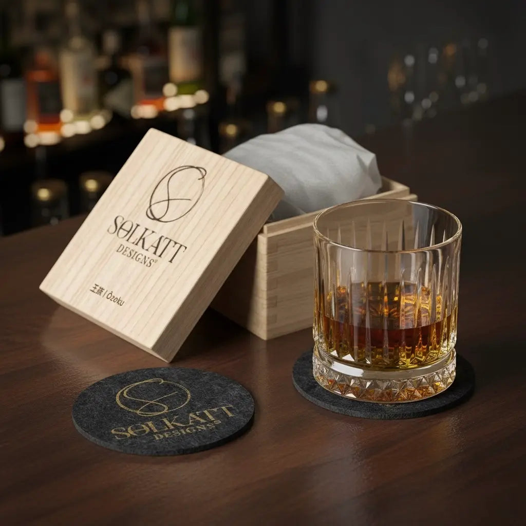 Ozoku Japanese whisky glass gift set showing glass, coaster, and box.