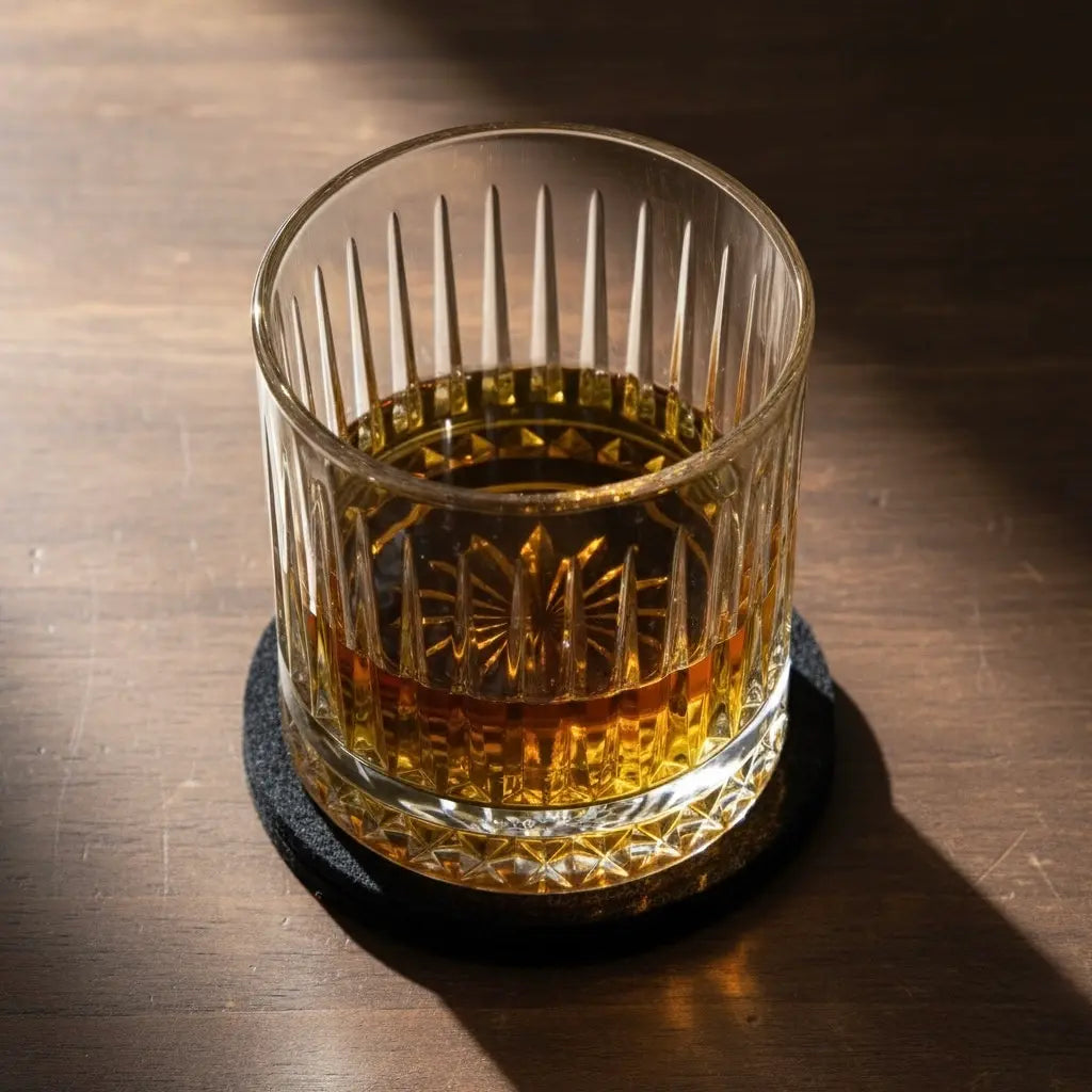 Ozoku Japanese whisky glass on bar beside a whisky mixer bottle.