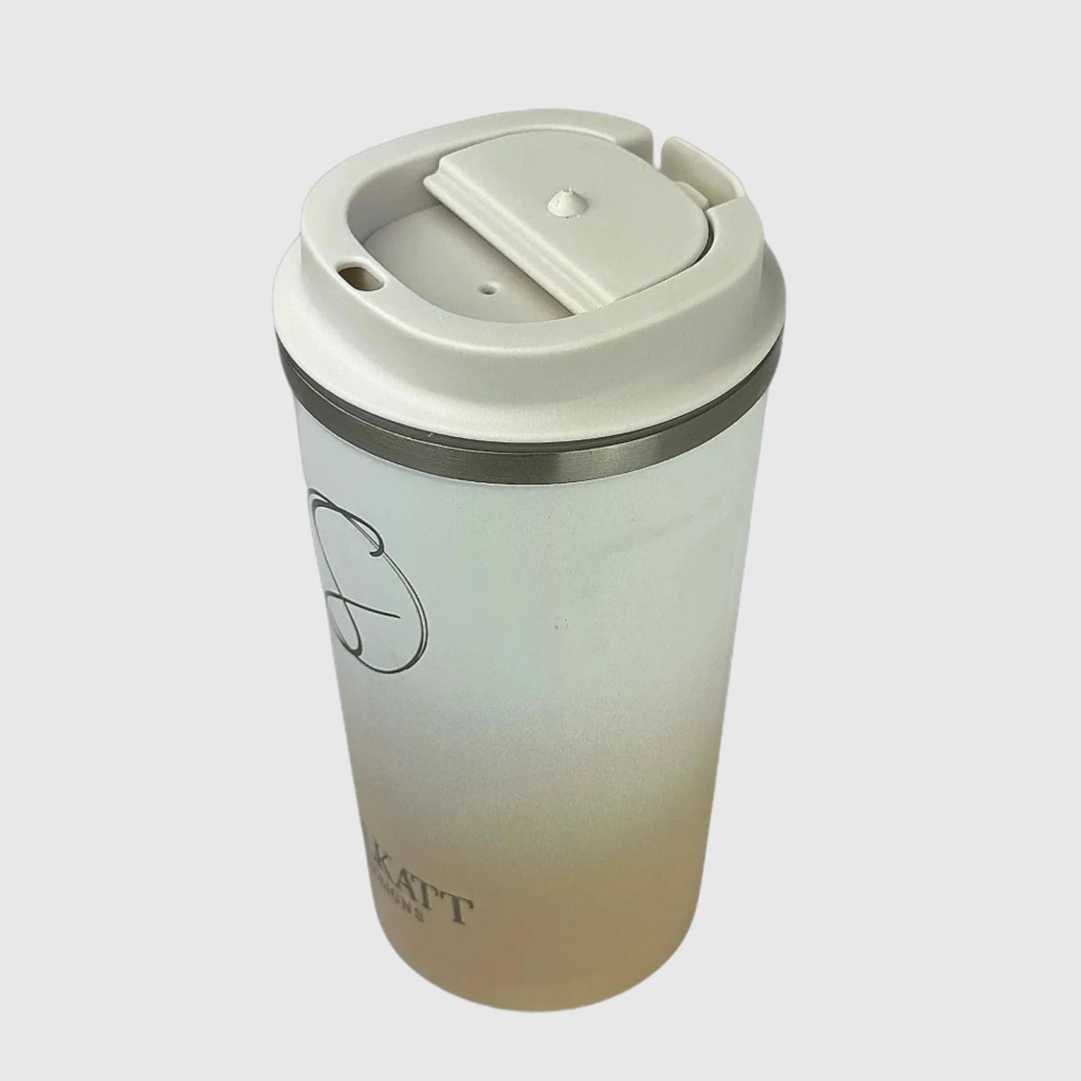 Pastel Beige reusable coffee cup sip lid open – Solkatt Designs