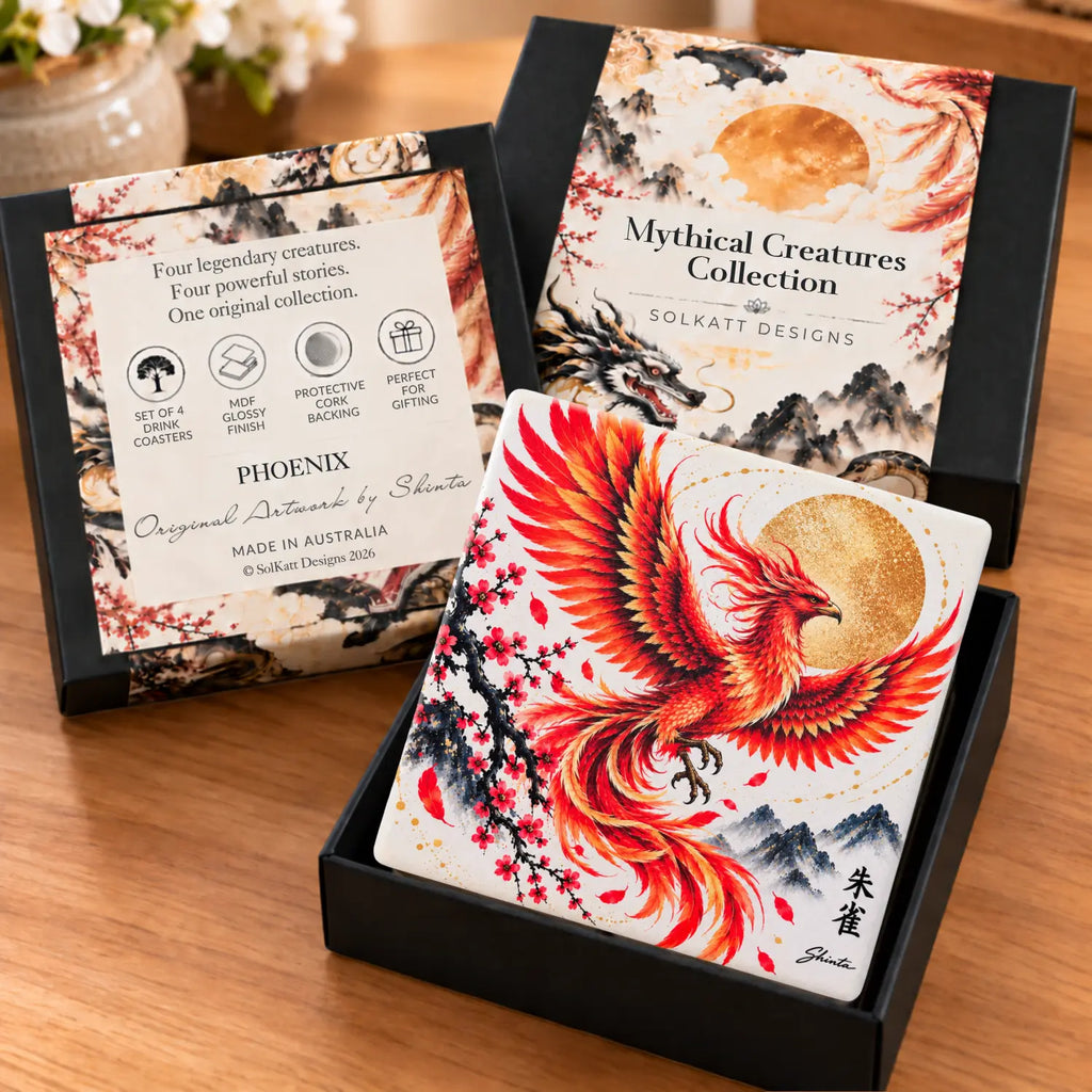 phoenix drink coasters presented in a black slide out gift box.