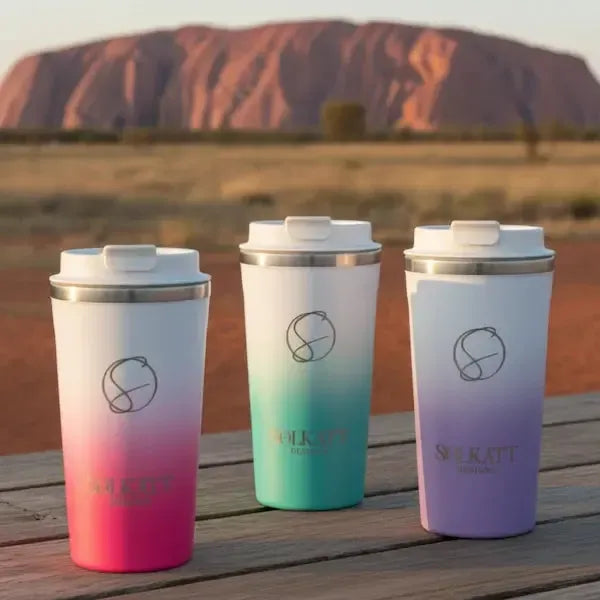 Three ombre reusable coffee cups in the Australian outback - Solkatt Designs