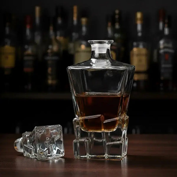 Single Rock Bottom whisky decanter with the stopper off — durable decanter for whiskey, rum, or gin