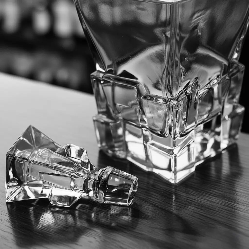 Close-up of Rock Bottom decanter glass stopper and detailed bottom design — precision craftsmanship.