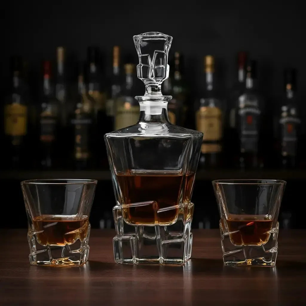 Rock Bottom crystal whisky decanter with two matching glasses — stylish barware set for home or gifting.