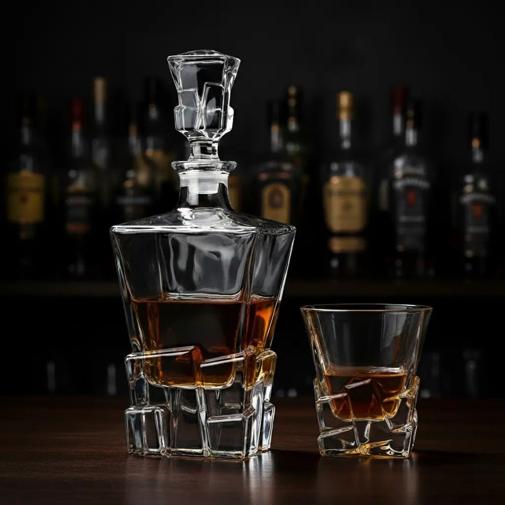 Rock Bottom whisky decanter with one matching glass — luxury whiskey set with timeless appeal.