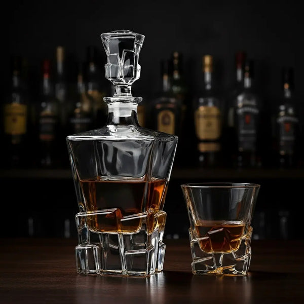 Rock Bottom whisky decanter with one matching glass — luxury whiskey set with timeless appeal.