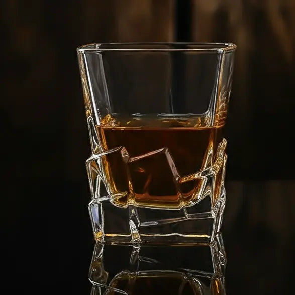 Close-up of Rock Bottom whisky glass showing detailed crystal design and heavy base.