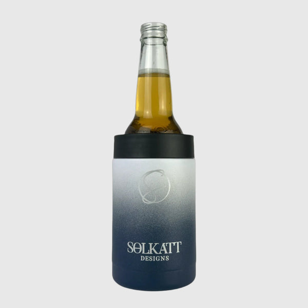 Royal Blue stainless steel insulated stubby cooler with a bottle inside front view - Solkatt Designs