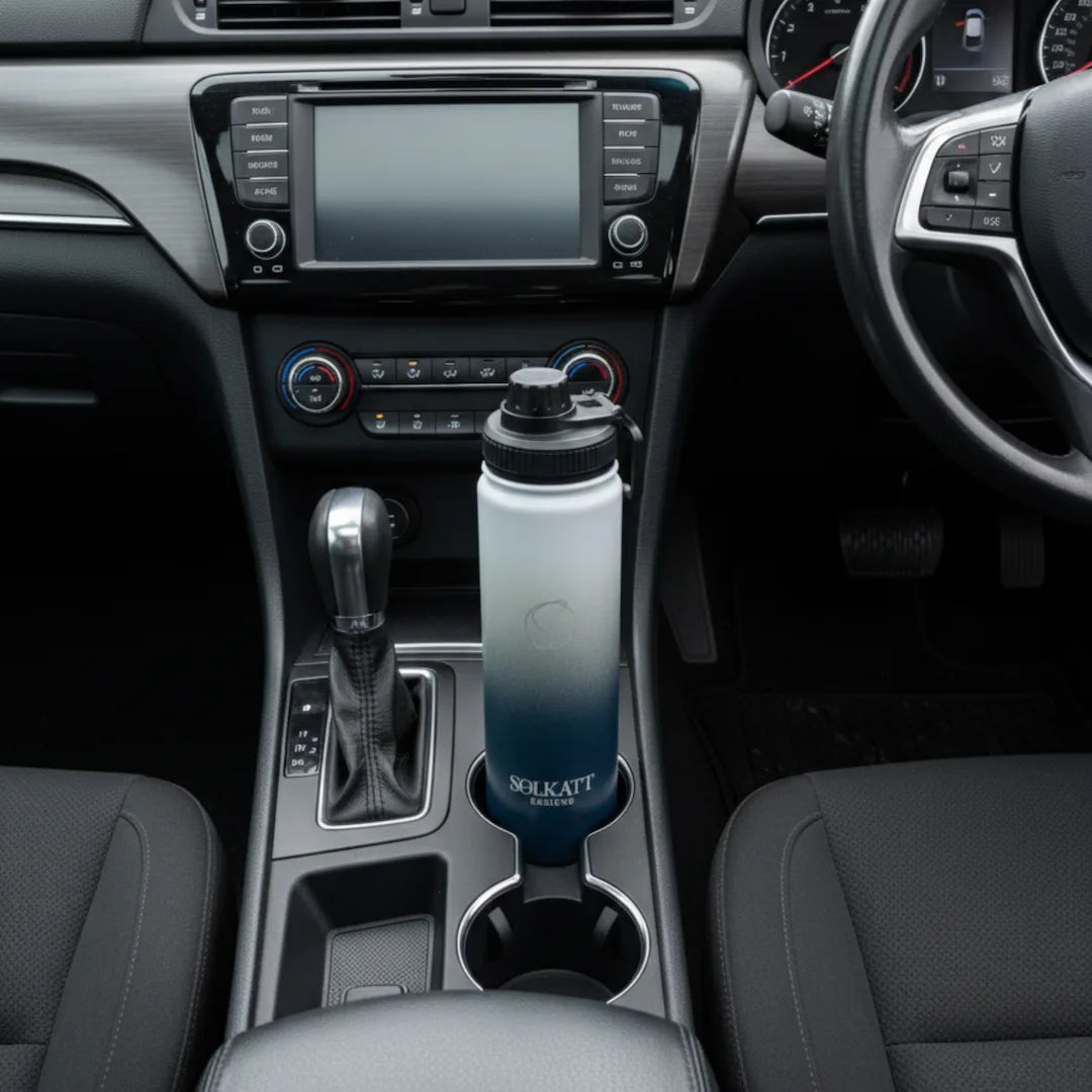 royal blue 650ml drink bottle sitting in a car cupholder - Solkatt Designs