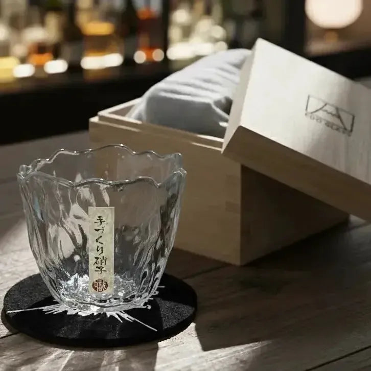 Sakura whisky glass gift set featuring a wooden box and matching drink coaster.