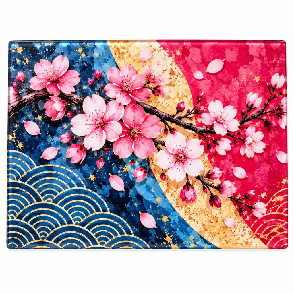 Decorative Sakura in Bloom glass chopping board featuring Japanese-inspired cherry blossom floral artwork