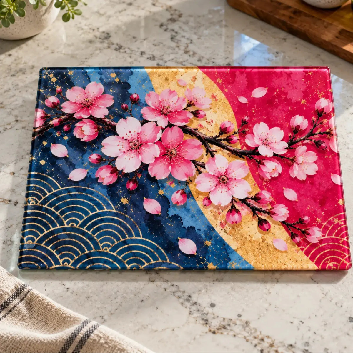 Sakura in Bloom tempered glass cutting board displayed on a kitchen benchtop with elegant floral kitchen décor