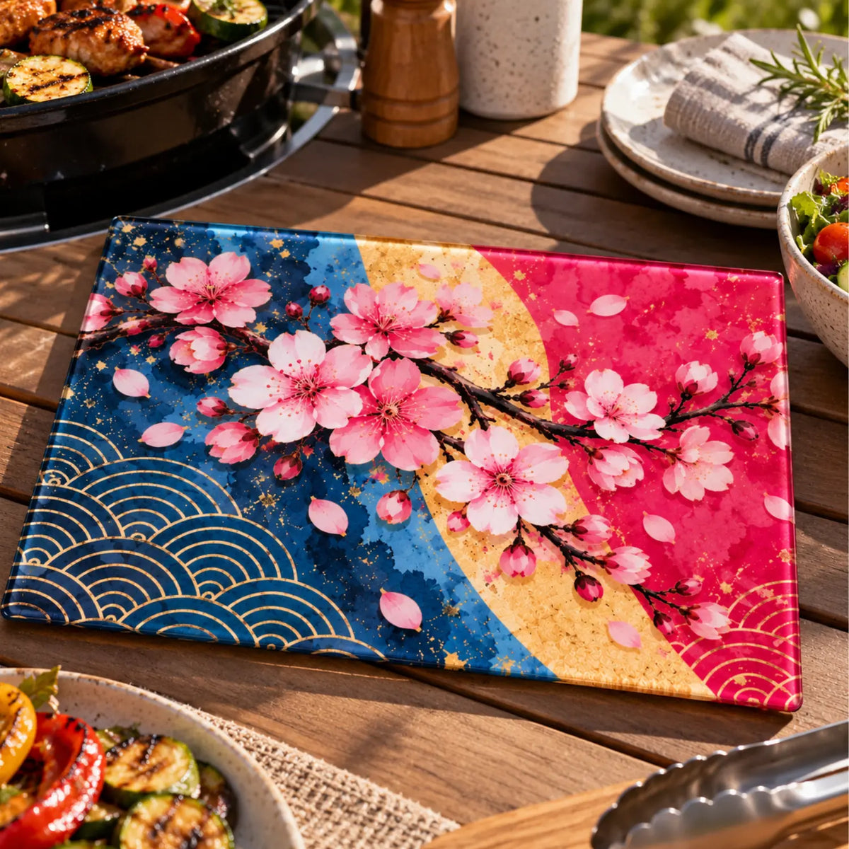 Japanese cherry blossom glass chopping board in Sakura in Bloom design styled on a outdoor bbq table