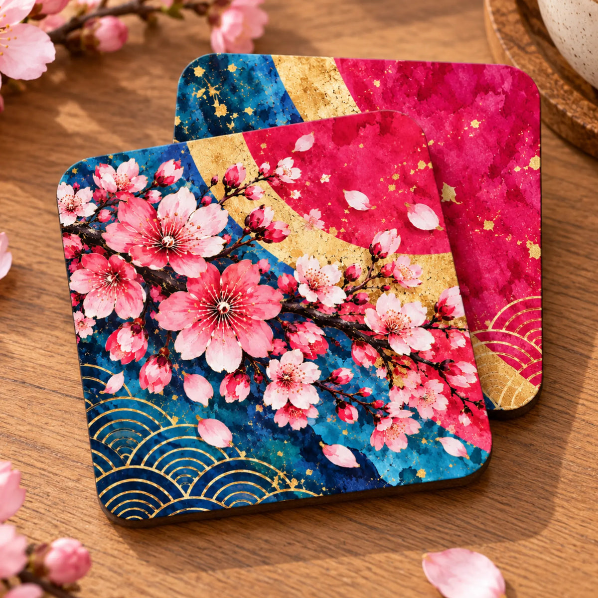 Two Japanese cherry blossom coasters displayed on a wooden table with pink sakura flowers