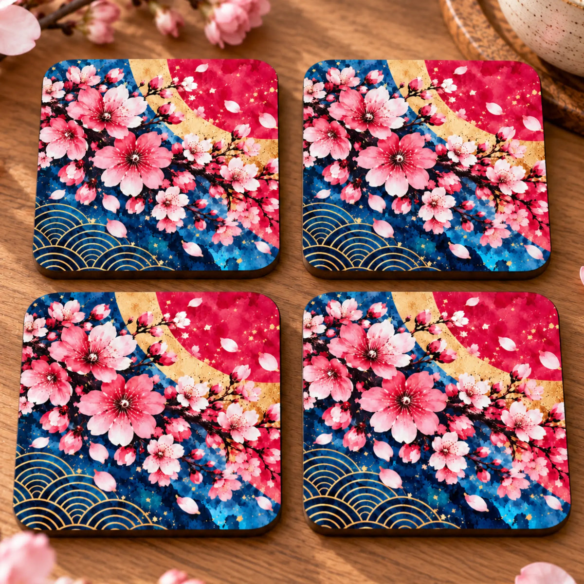 Set of 4 Sakura in Bloom drink coasters with pink cherry blossoms and gold Japanese wave patterns