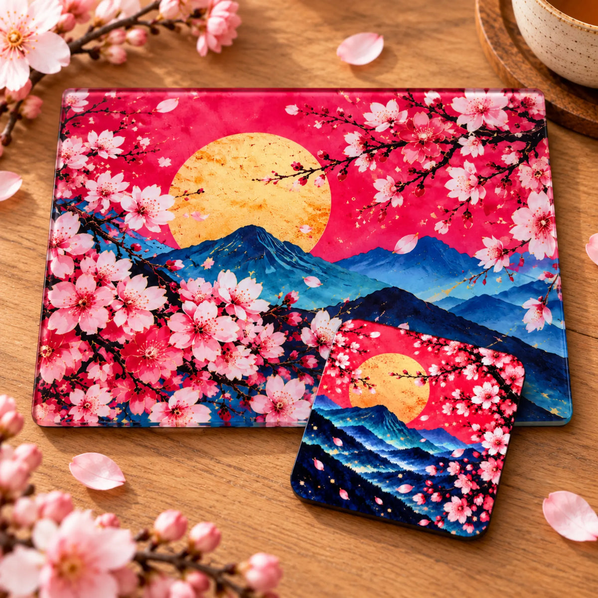 Sakura Sunset Japanese cherry blossom glass cutting board with matching handmade drink coaster