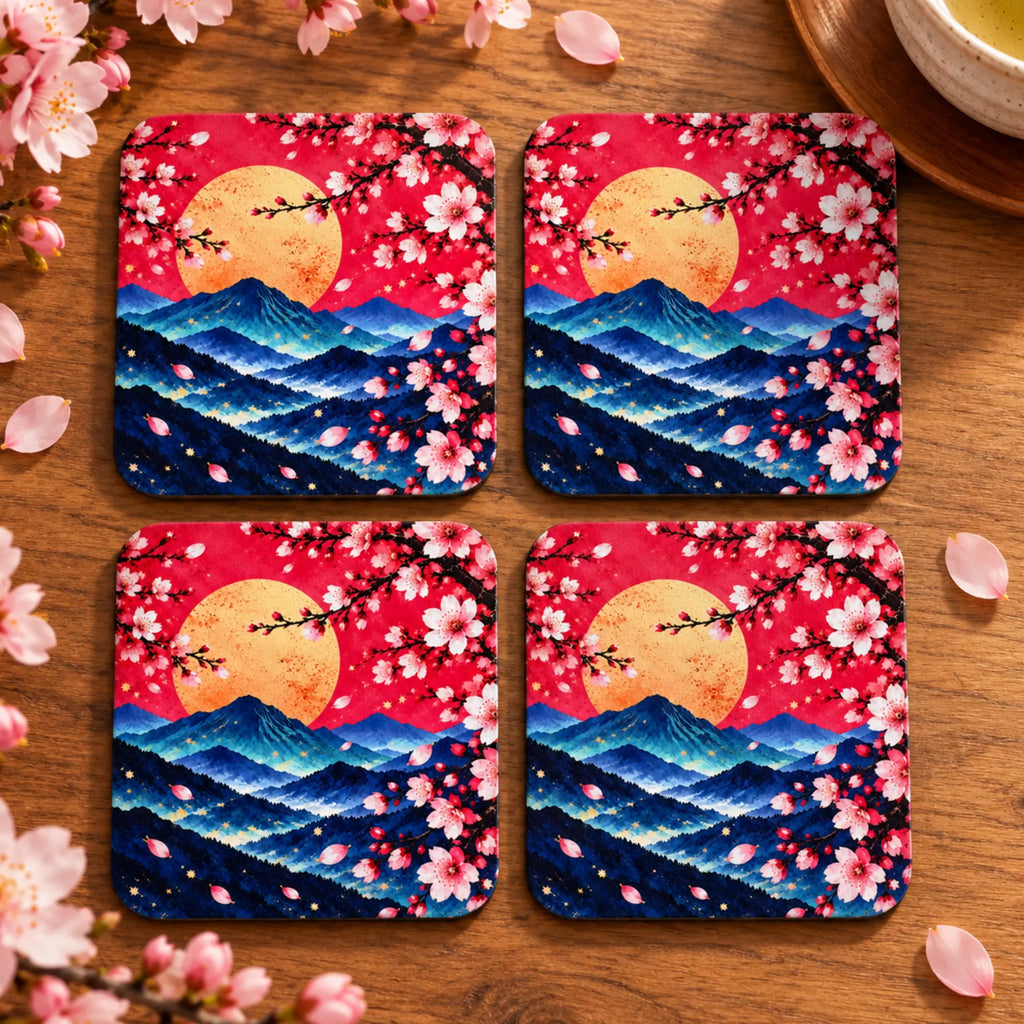 Set of 4 Sakura Sunset Japanese cherry blossom drink coasters handmade in Australia