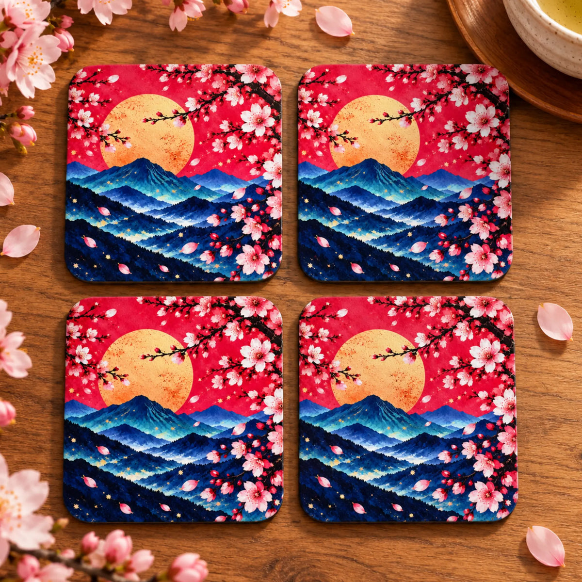 Set of 4 Sakura Sunset Japanese cherry blossom drink coasters handmade in Australia