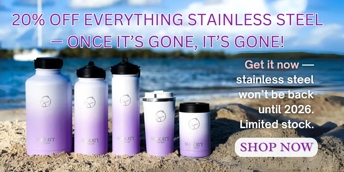 20% all stainless steel drink bottles, reusable coffee cups and stubby coolers on sale Australia wide. desktop banner