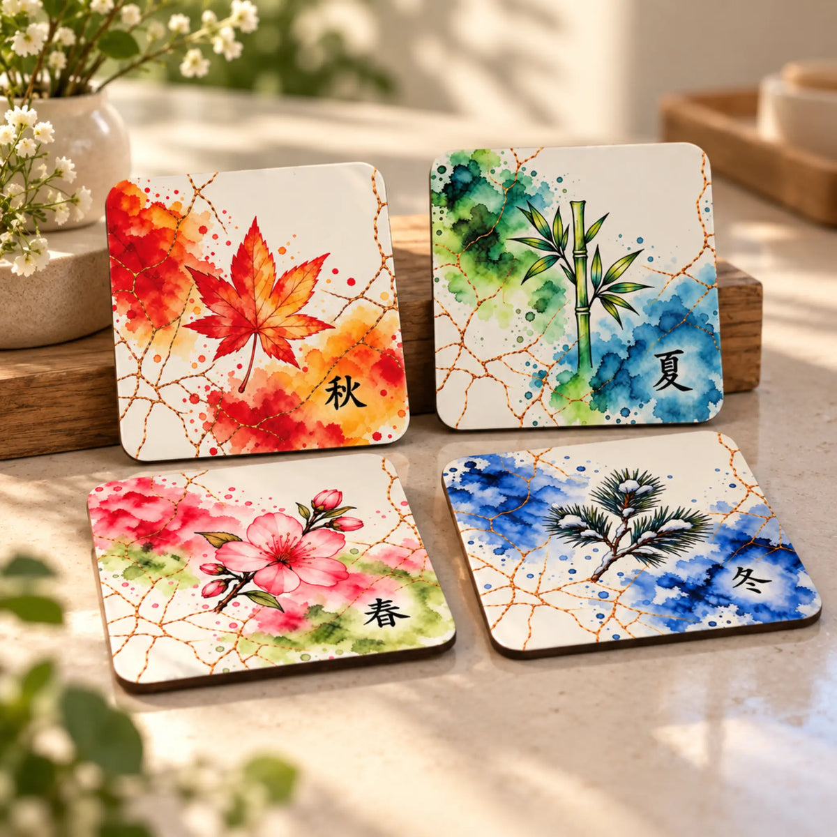     Seasons Collection set of 4 Australian made drink coasters featuring Autumn, Summer, Spring and Winter original artwork