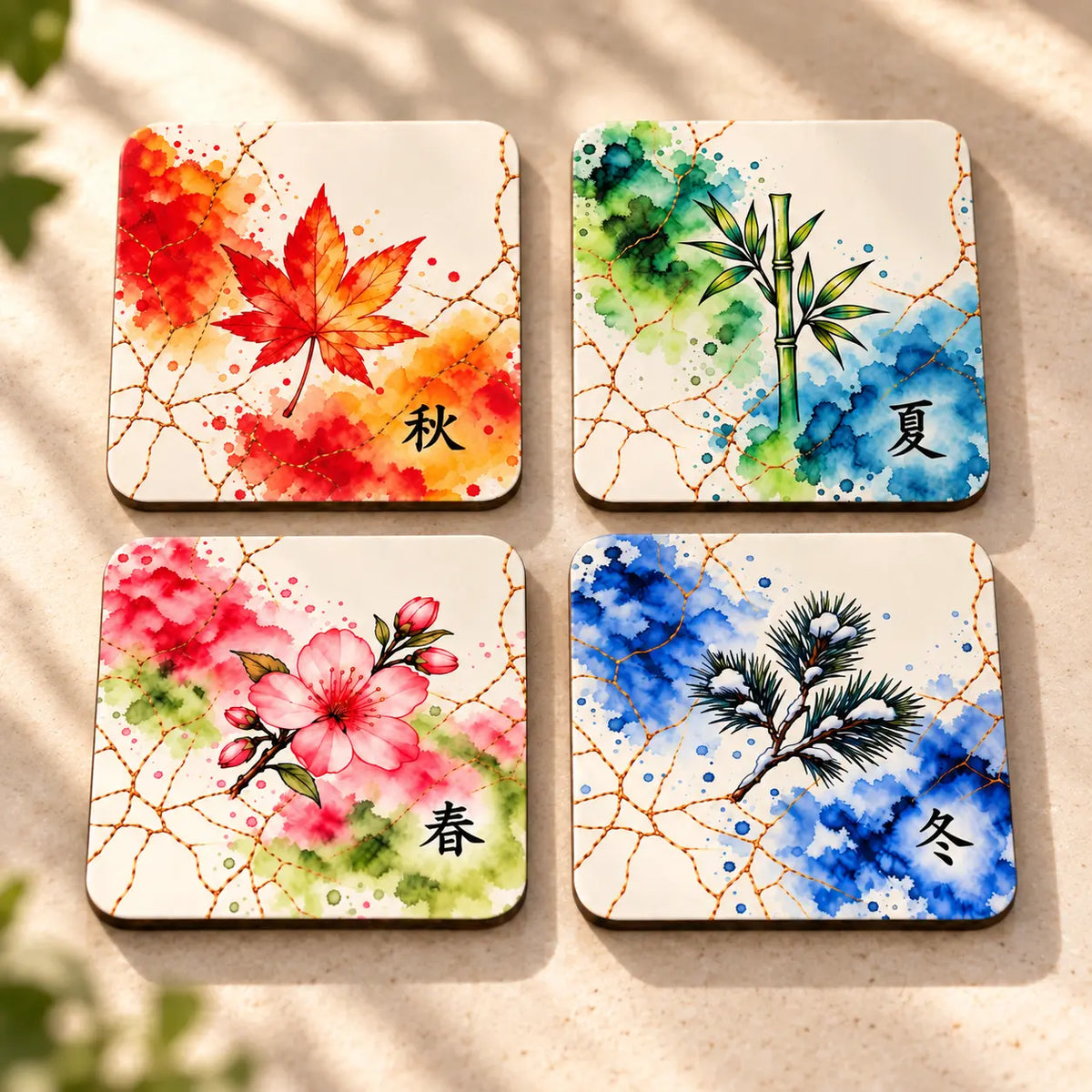     Set of four Seasons drink coasters with Autumn, Summer, Spring and Winter designs, made in Australia