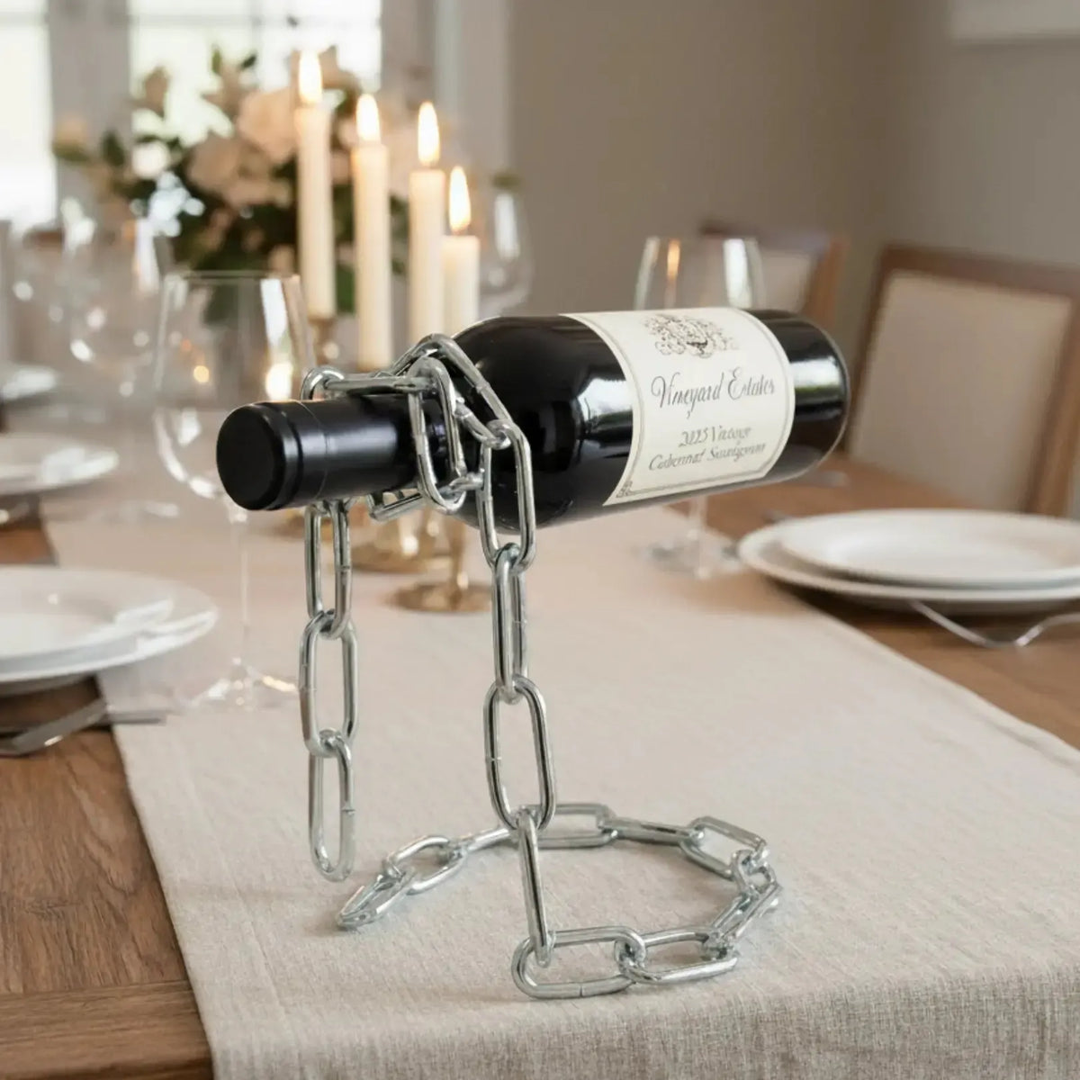 Contemporary silver chain wine rack supporting a chardonnay bottle on a wooden dining table, striking design element.