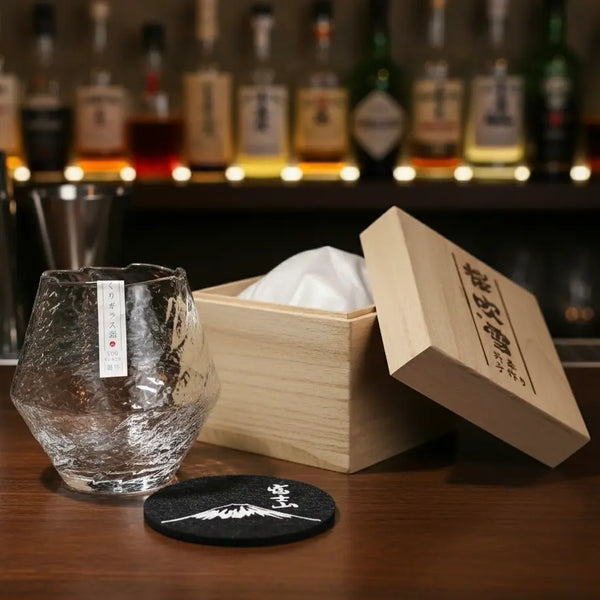 Snowflake whiskey glass gift set with box and coaster, available in Australia.