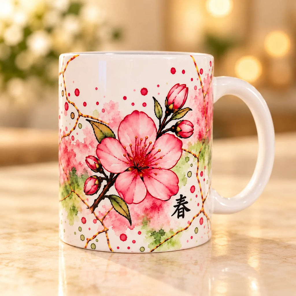 Spring Cherry Blossom 325ml ceramic mug with colourful floral artwork, made in Australia
