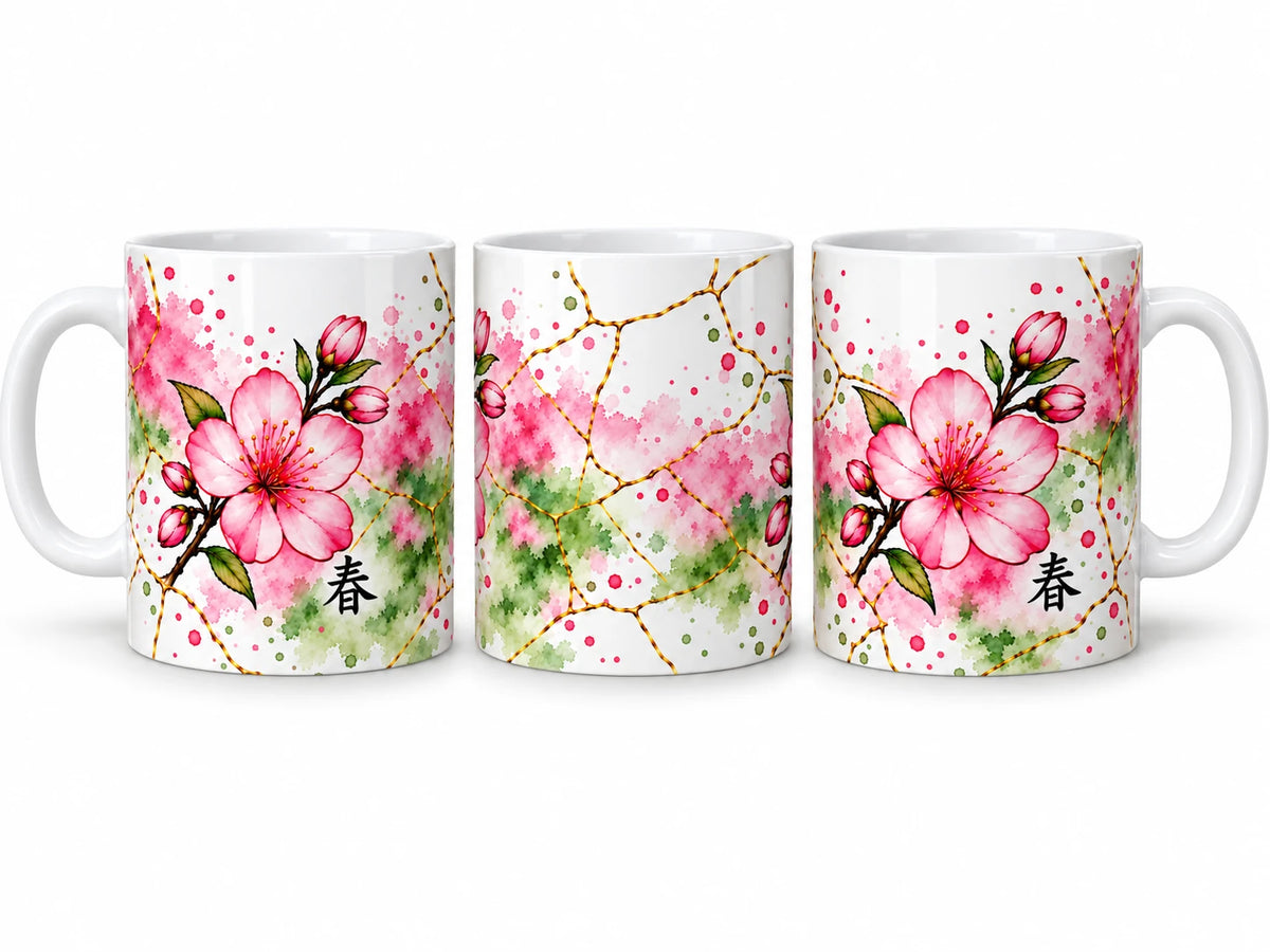 Spring Cherry Blossom 325ml ceramic mug shown from left, front and right sides