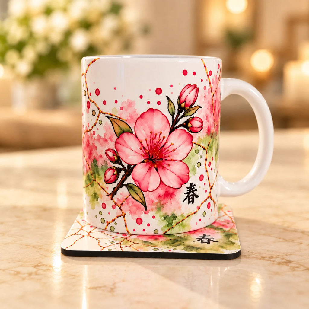 Spring Cherry Blossom ceramic mug sitting on matching Seasons Collection drink coaster
