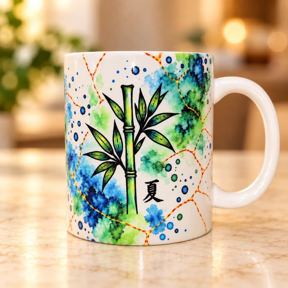 Summer Bamboo 325ml ceramic mug with bright botanical artwork, made in Australia