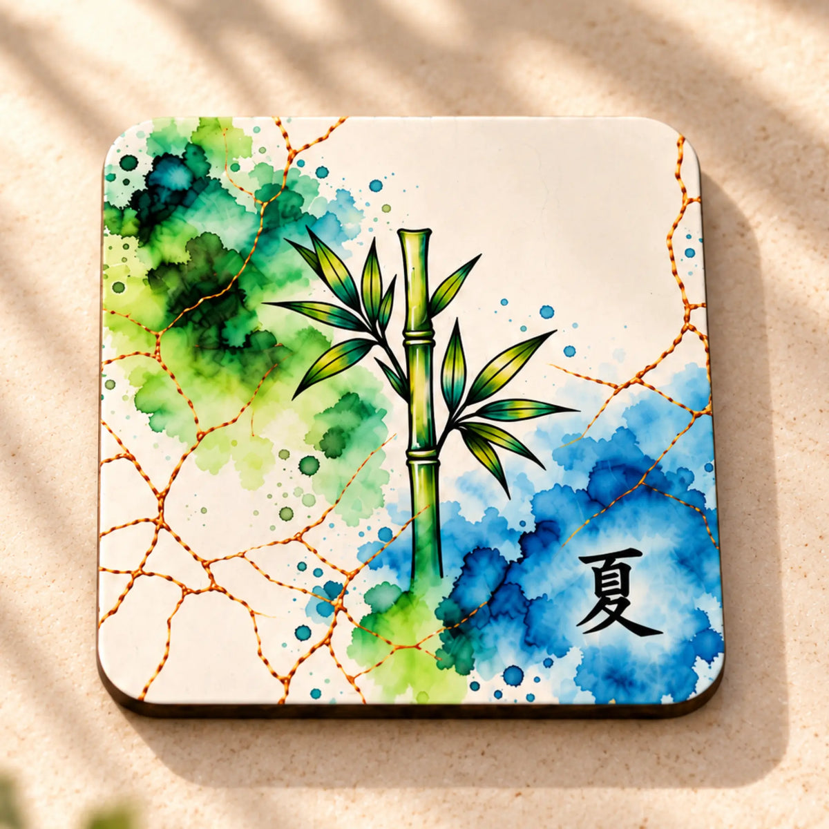    Summer Australian made drink coaster with bright bamboo inspired artwork on glossy square MDF