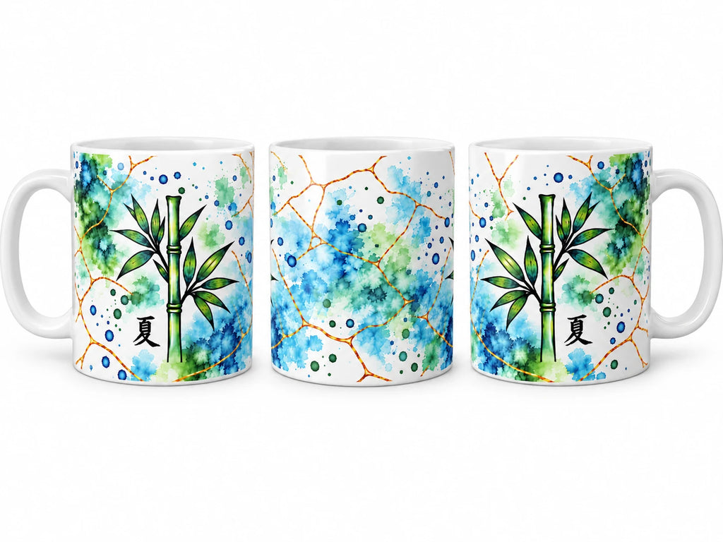 Summer Bamboo 325ml ceramic mug shown from left, front and right sides with original artwork