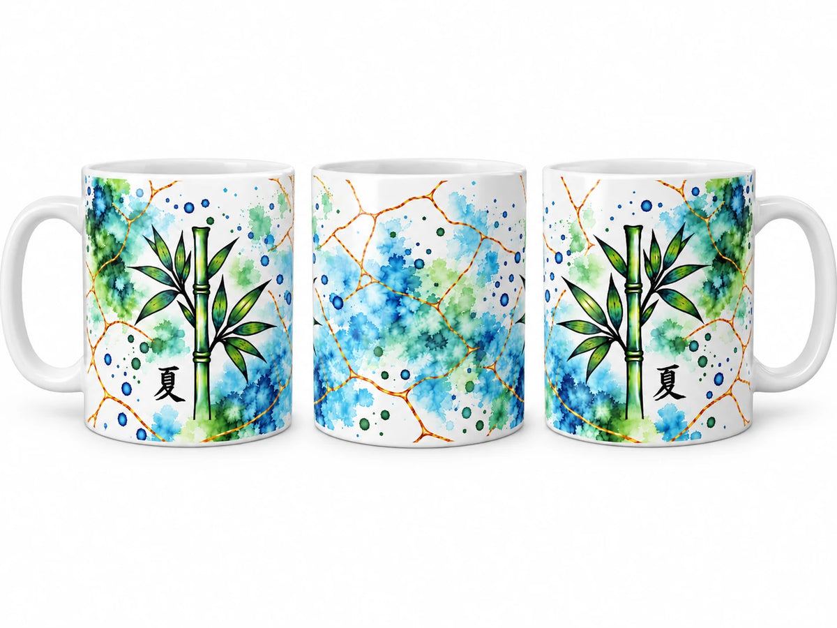 Summer Bamboo 325ml ceramic mug shown from left, front and right sides with original artwork