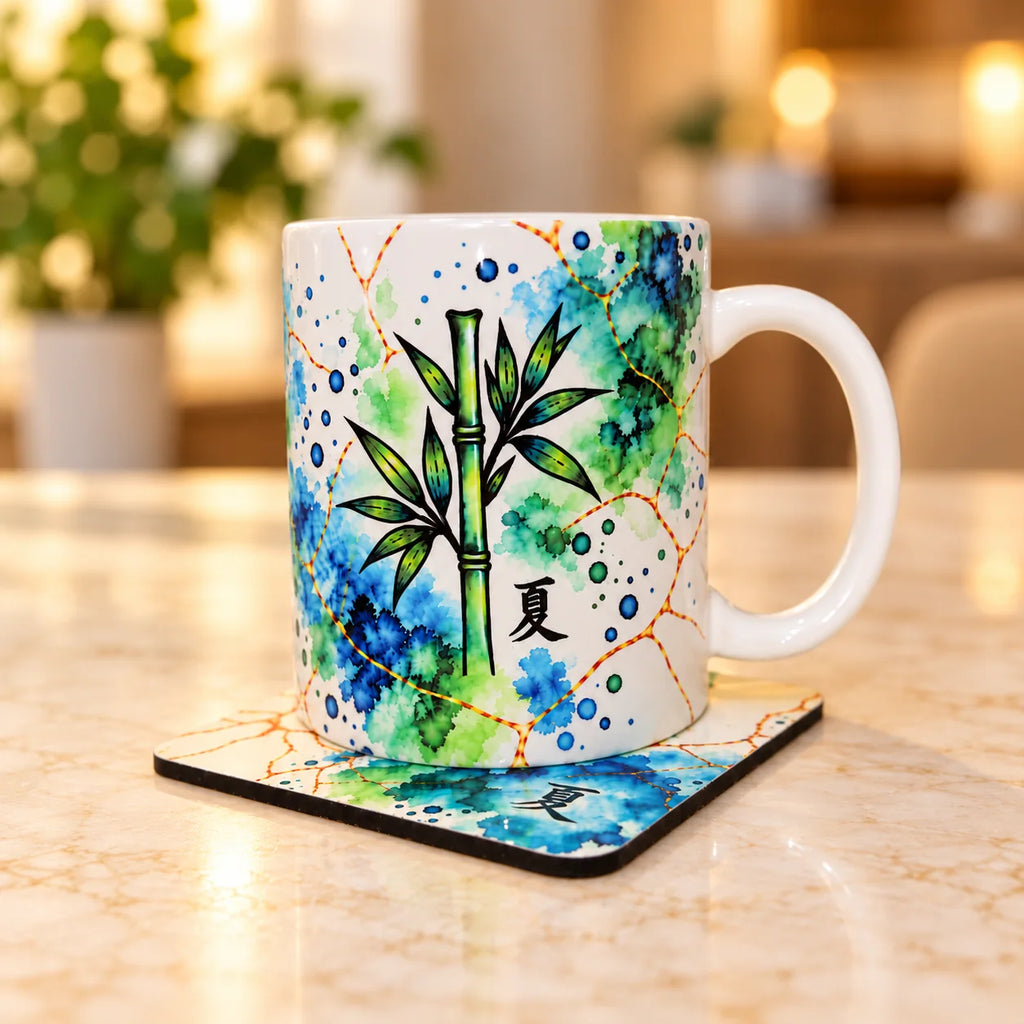Summer Bamboo ceramic mug displayed on matching glossy drink coaster