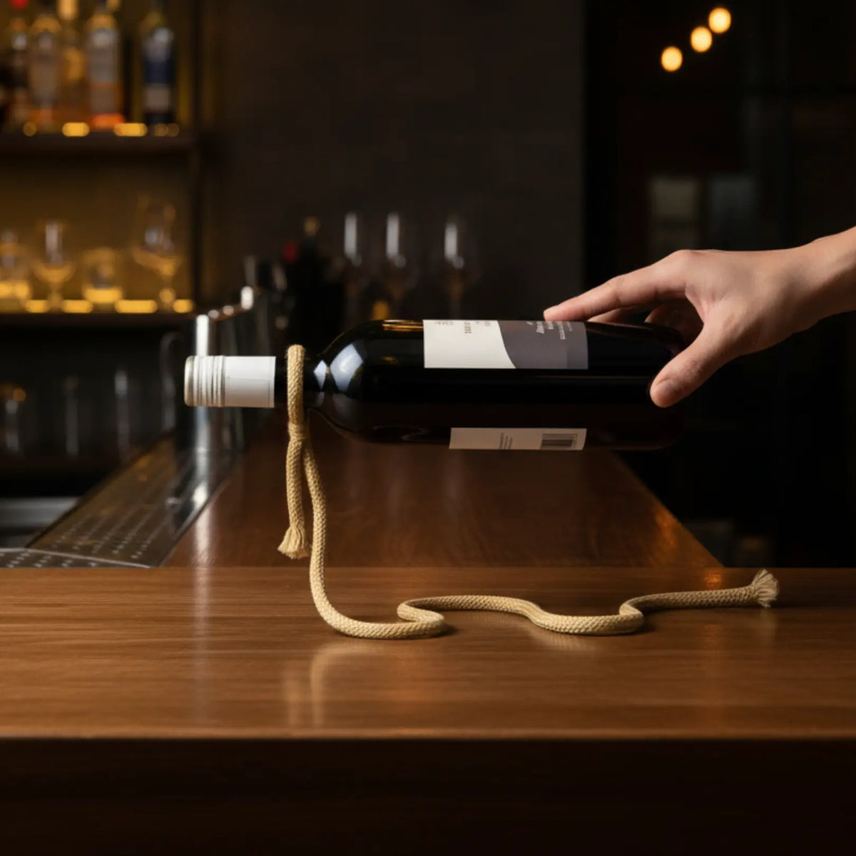 Artisanal tan rope wine holder showcasing a merlot bottle on a cozy home bar, ideal for a warm and inviting atmosphere.