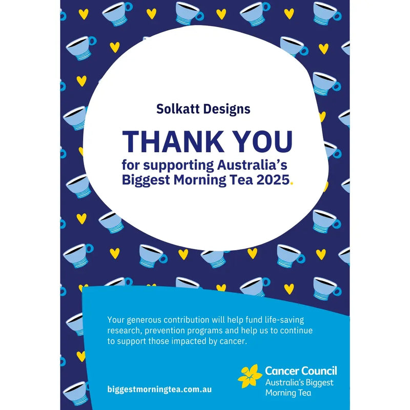 Promotional poster for Australia's Biggest Morning Tea 2025 with tea cup pattern and Cancer Council branding.