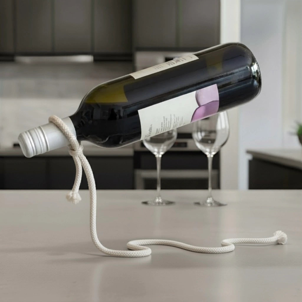 White rope wine bottle holder displaying a bottle, ideal for modern Australian home bar setups.