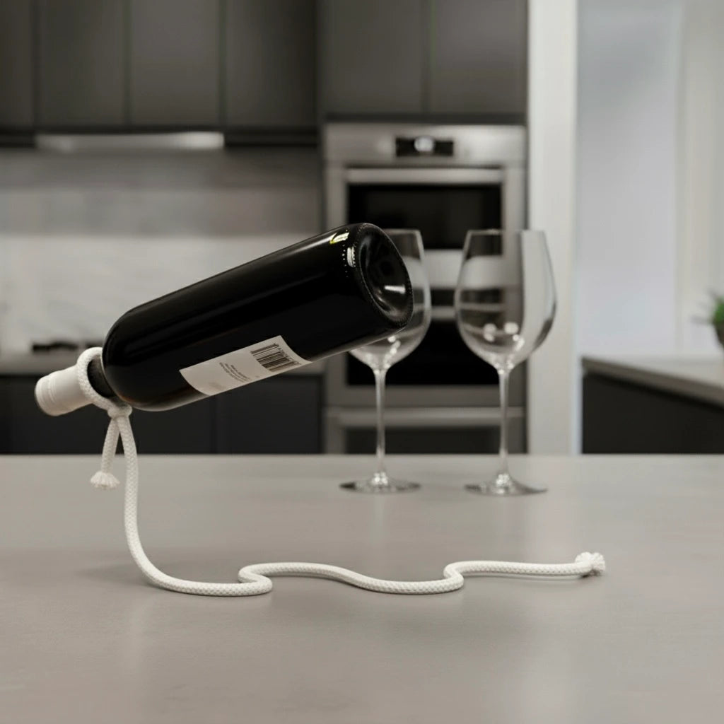 White rope-style wine bottle holder with elegant curved design and stable balance.