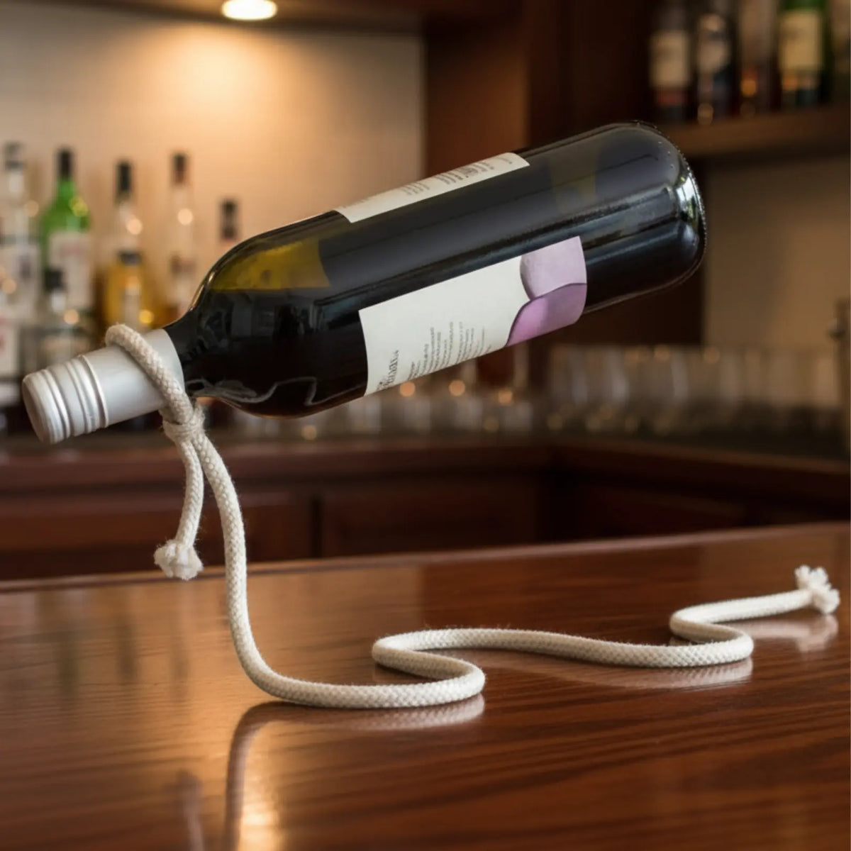 Unique white rope wine holder presenting a red wine bottle on a beach-themed bar, perfect for casual entertaining.