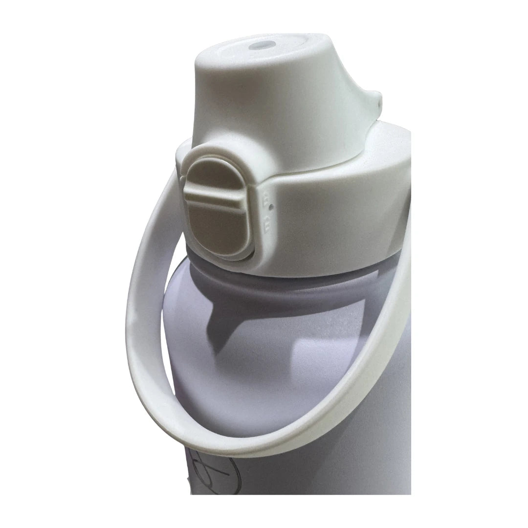 Detailed closeup of the leak-proof locking mechanism and hinge on a white Solkatt Designs sports bottle cap.