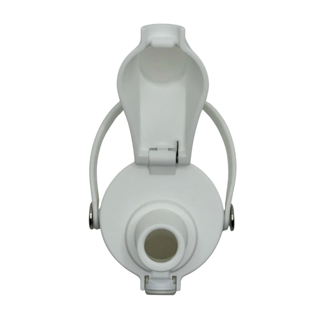 Top-down view of an open white solkatt designs small-gulp spout lid showing the narrow flow drinking hole.