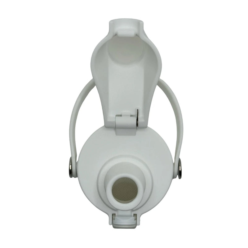 Top-down view of an open white solkatt designs small-gulp spout lid showing the narrow flow drinking hole.