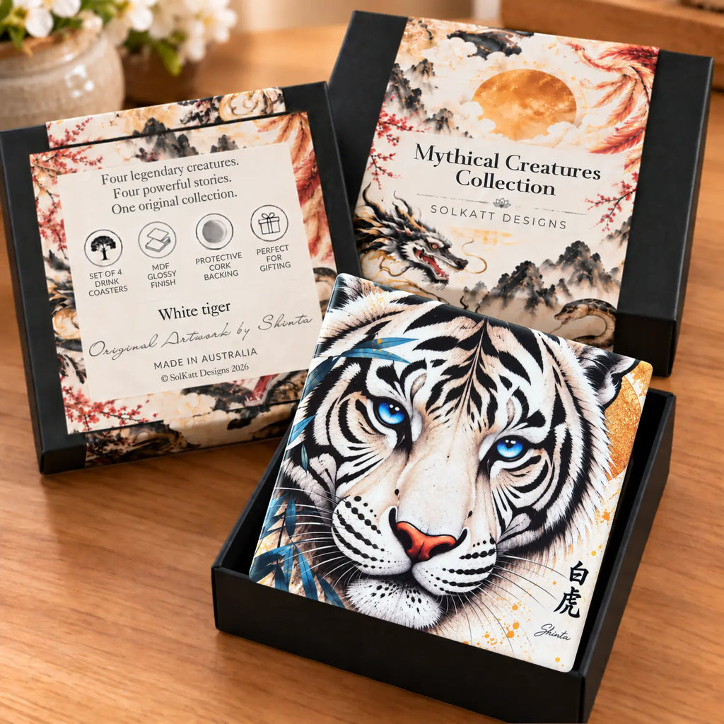 Japanese white tiger drink coasters presented in a black slide out gift box
