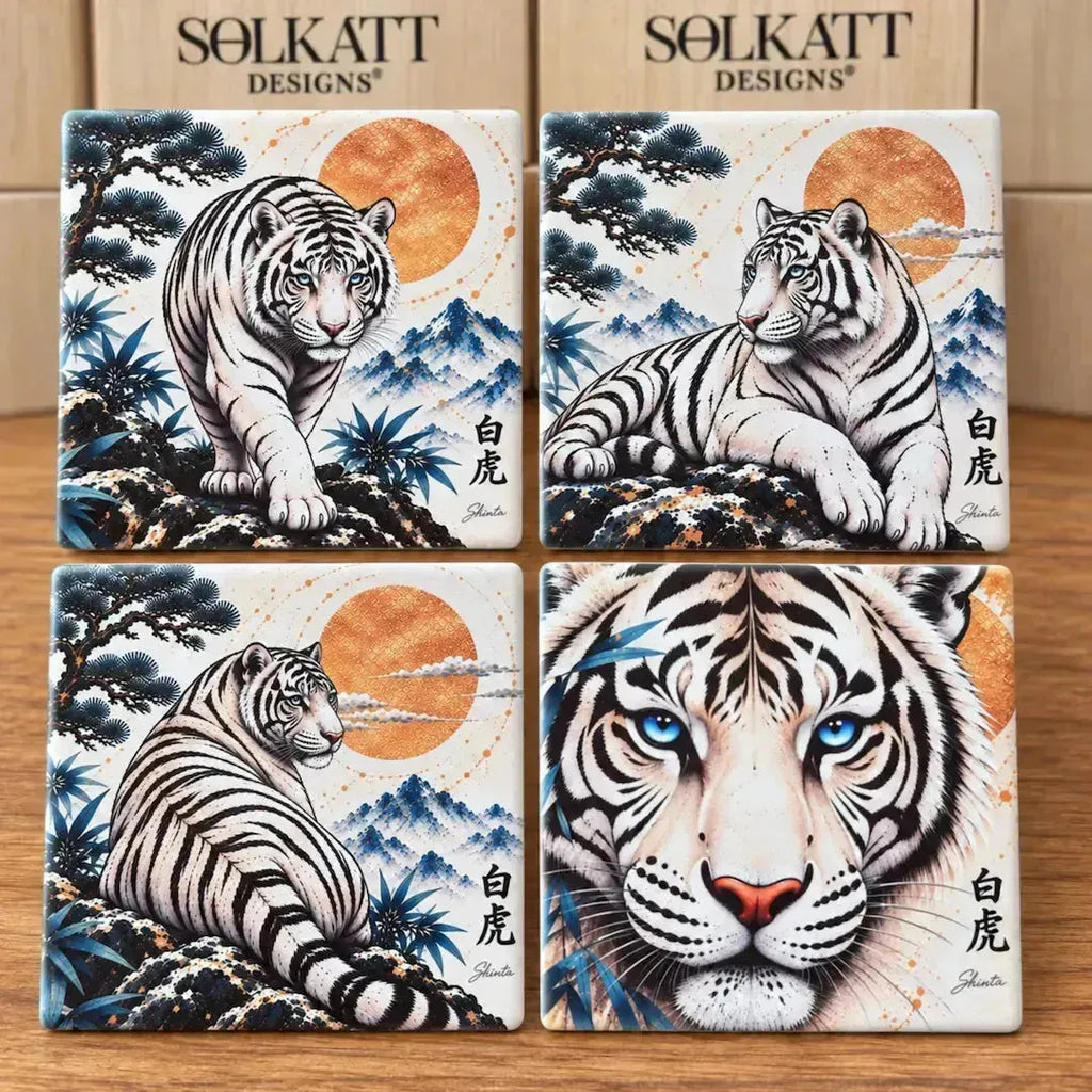 White Tiger Ceramic Coaster Set – Set of 4 - Solkatt Designs