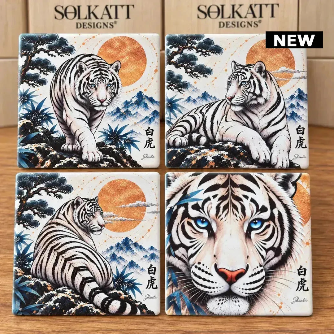 White Tiger Ceramic Coaster Set – Set of 4 - Solkatt Designs