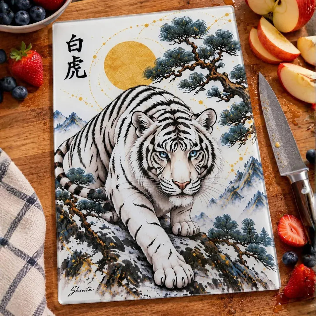 White Tiger Tempered Glass Cutting Board – 27.8 × 19.1cm - Solkatt Designs
