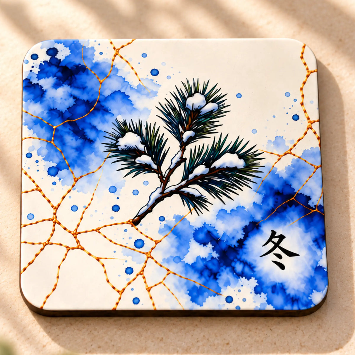     Winter Australian made drink coaster with blue pine inspired artwork on glossy square MDF