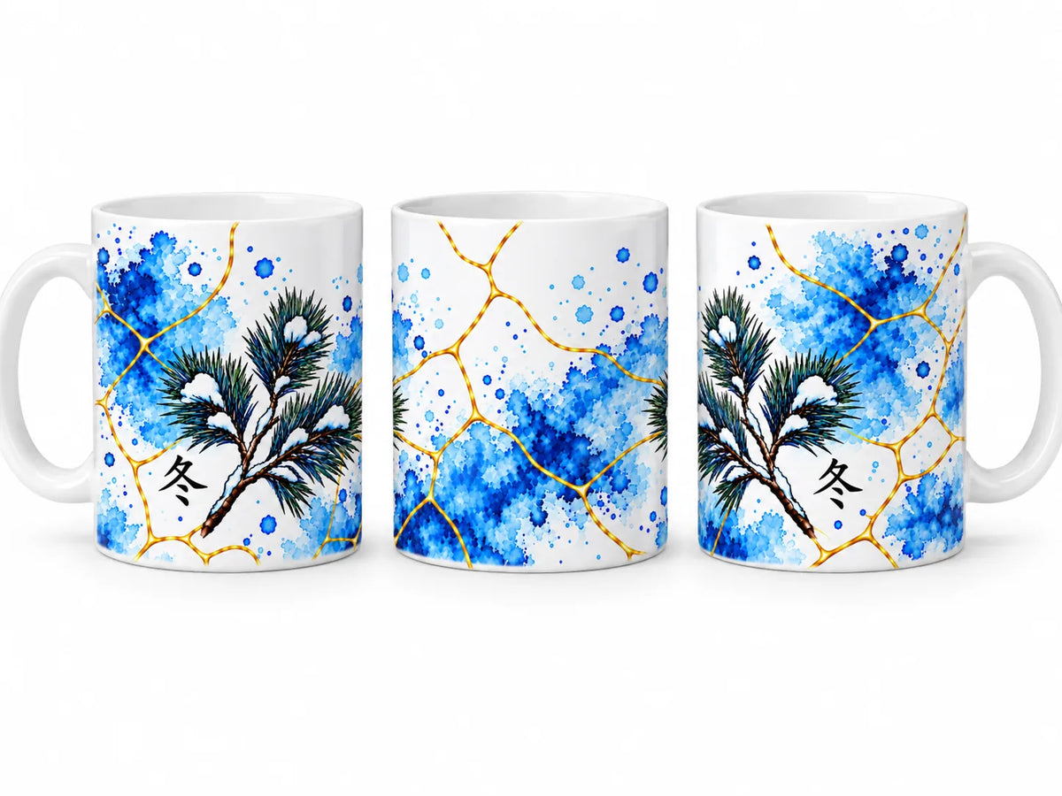 Winter Pine 325ml ceramic mug shown from left, front and right sides with original Brisbane artwork